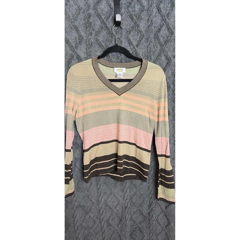 Talbots Petites Womens Small V-Neck Striped Long Sleeve Sweater Multi-Color